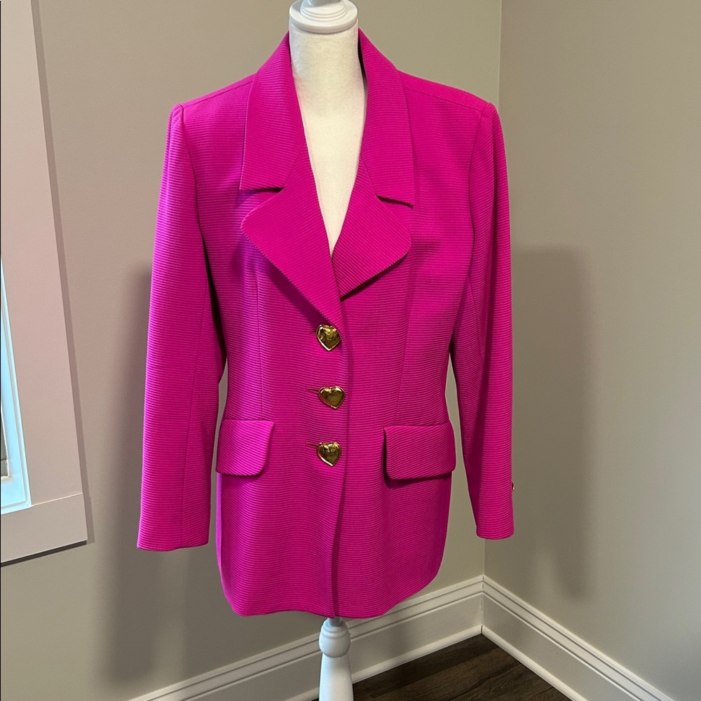 YvesSaintLaurent Barbie Pink 1995 Gold Hearts Wool Blazer Vintage. Coat Size 14.